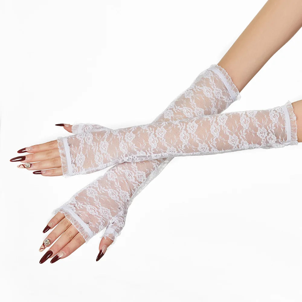 Cute Girls Summer Sunscreen Lace Arm Sleeve Women Long Mesh Yarn Arm Cover Sun UV Protection Fingerless Arm Cuffs Driving Gloves