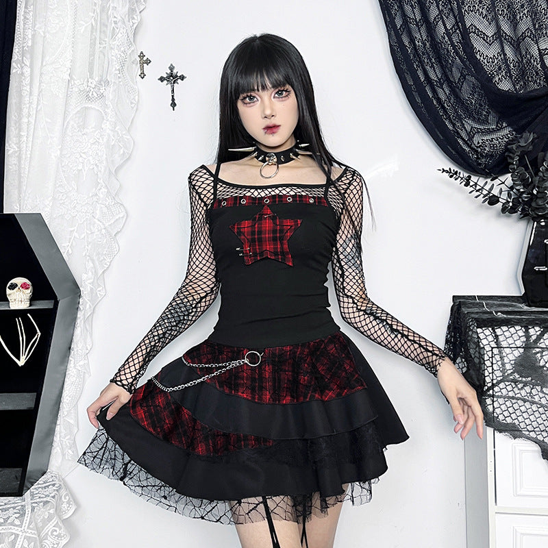 AltGoth Y2k E-girl Vintage Camis Women Mall Gothic Cyber Punk Emo Alt Grunge Hotsweet Plaid Pentagram Patchwork Crop Tank Tops