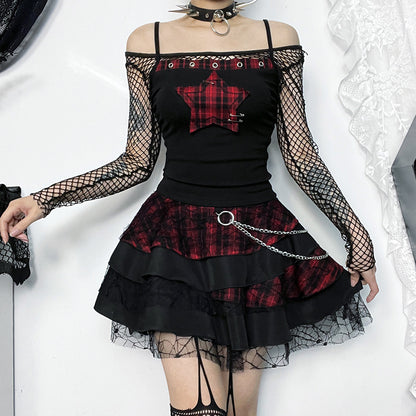 AltGoth Y2k E-girl Vintage Camis Women Mall Gothic Cyber Punk Emo Alt Grunge Hotsweet Plaid Pentagram Patchwork Crop Tank Tops