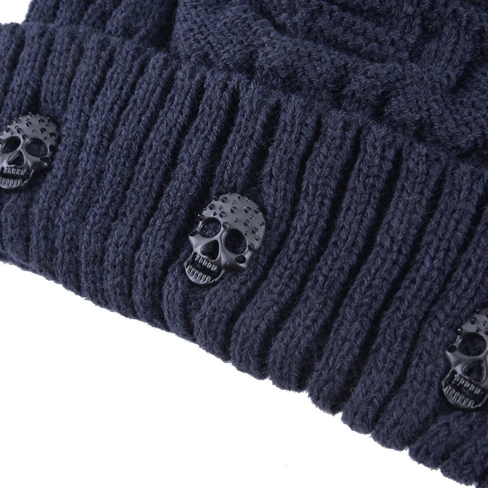Winter Beanies Men Knitted Skull Pattern Solid Color Hat With Metal Skulls Skullies Beanies Men's Knit Thick Hats Add Velvet