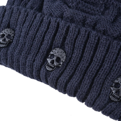 Winter Beanies Men Knitted Skull Pattern Solid Color Hat With Metal Skulls Skullies Beanies Men's Knit Thick Hats Add Velvet