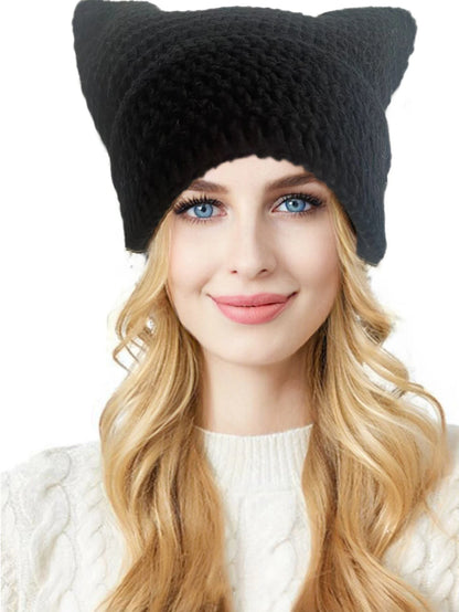 Cute Cat Ears Beanie Hats for Women Winter Striped Korean Punk Gothic Y2K Wool Knitted Streetwear Handmade Crochet Bucket Cap
