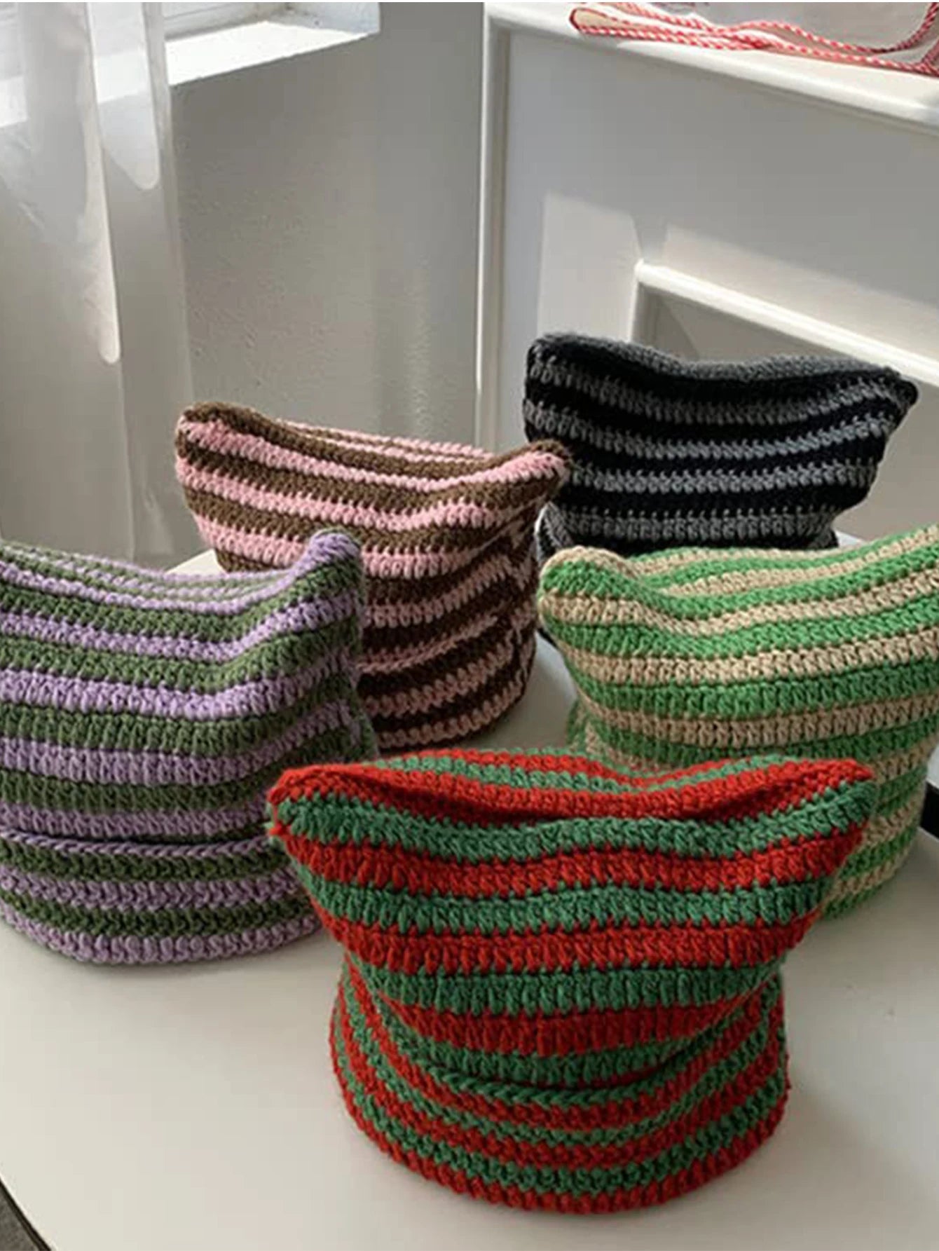 Cute Cat Ears Beanie Hats for Women Winter Striped Korean Punk Gothic Y2K Wool Knitted Streetwear Handmade Crochet Bucket Cap