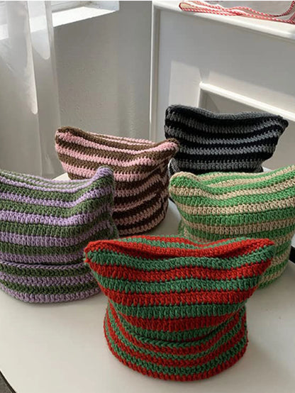 Cute Cat Ears Beanie Hats for Women Winter Striped Korean Punk Gothic Y2K Wool Knitted Streetwear Handmade Crochet Bucket Cap