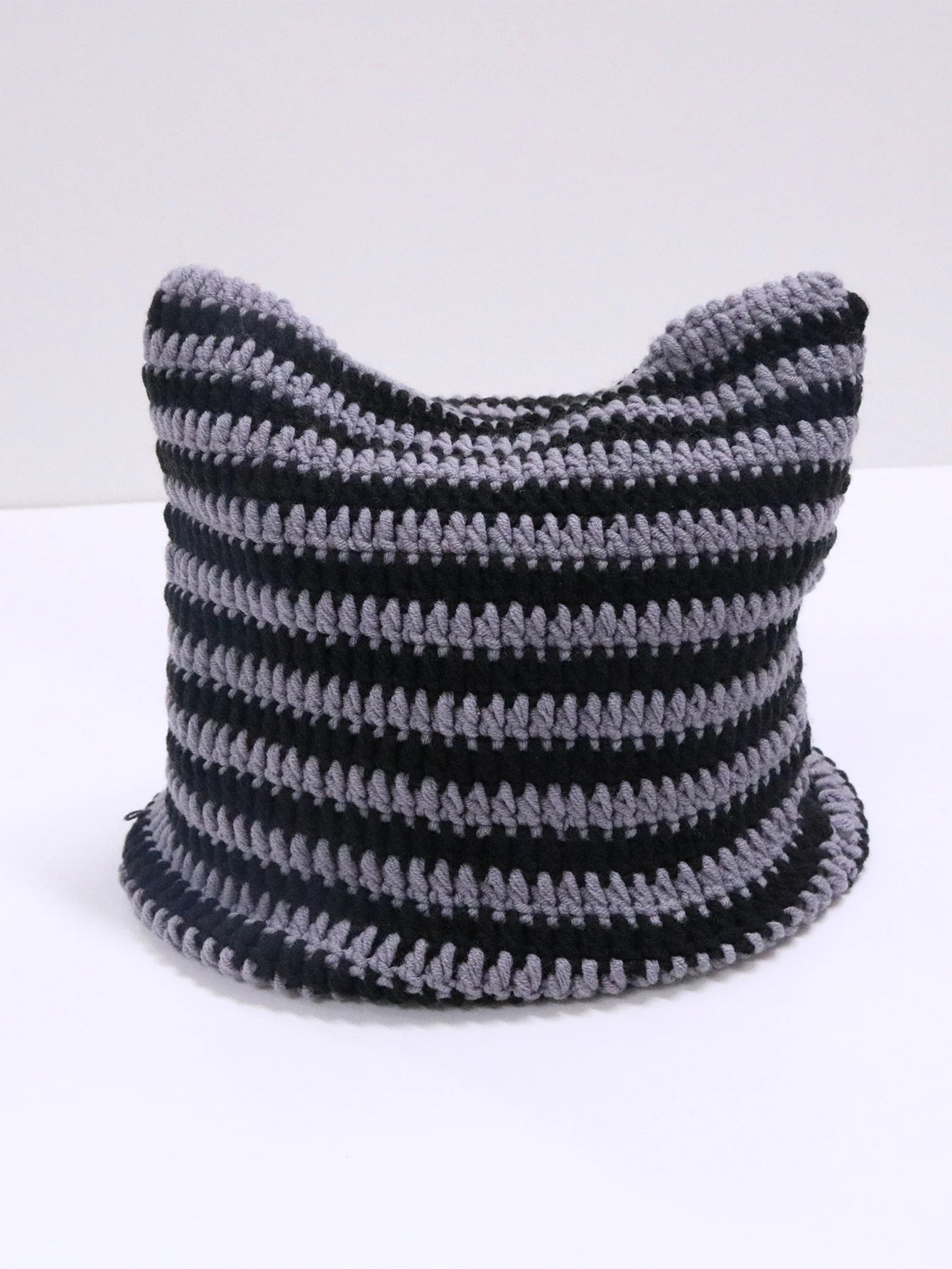 Cute Cat Ears Beanie Hats for Women Winter Striped Korean Punk Gothic Y2K Wool Knitted Streetwear Handmade Crochet Bucket Cap