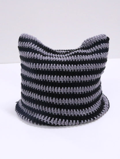 Cute Cat Ears Beanie Hats for Women Winter Striped Korean Punk Gothic Y2K Wool Knitted Streetwear Handmade Crochet Bucket Cap