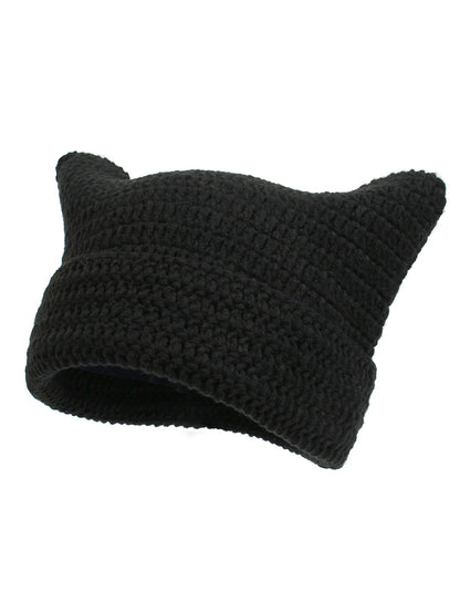 Cute Cat Ears Beanie Hats for Women Winter Striped Korean Punk Gothic Y2K Wool Knitted Streetwear Handmade Crochet Bucket Cap