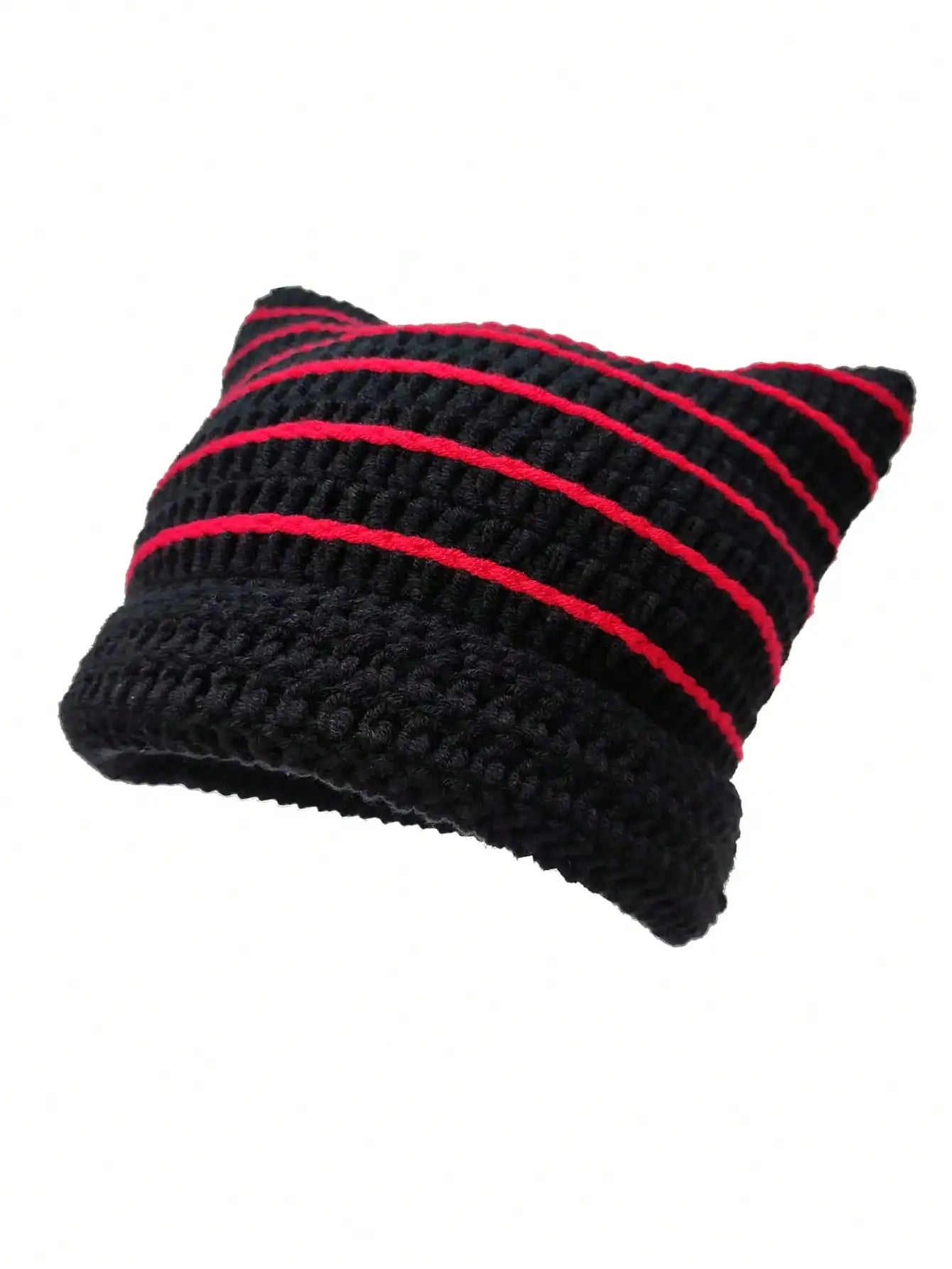 Cute Cat Ears Beanie Hats for Women Winter Striped Korean Punk Gothic Y2K Wool Knitted Streetwear Handmade Crochet Bucket Cap