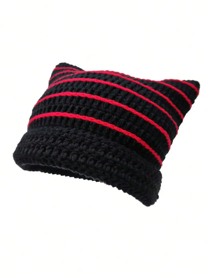 Cute Cat Ears Beanie Hats for Women Winter Striped Korean Punk Gothic Y2K Wool Knitted Streetwear Handmade Crochet Bucket Cap