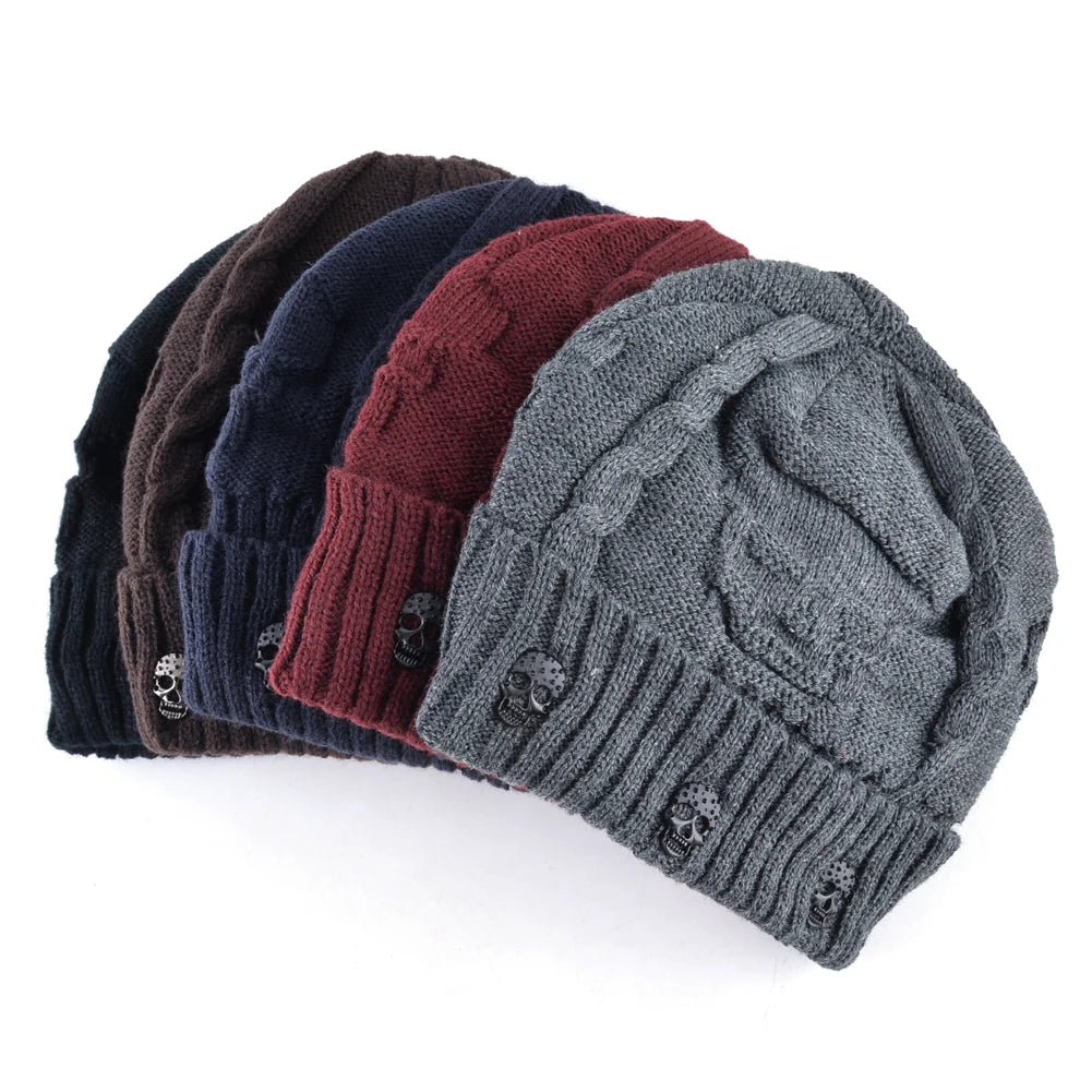Winter Beanies Men Knitted Skull Pattern Solid Color Hat With Metal Skulls Skullies Beanies Men's Knit Thick Hats Add Velvet