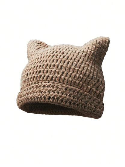 Cute Cat Ears Beanie Hats for Women Winter Striped Korean Punk Gothic Y2K Wool Knitted Streetwear Handmade Crochet Bucket Cap