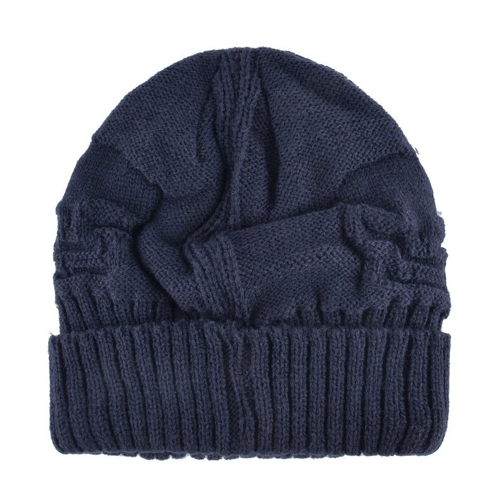 Winter Beanies Men Knitted Skull Pattern Solid Color Hat With Metal Skulls Skullies Beanies Men's Knit Thick Hats Add Velvet