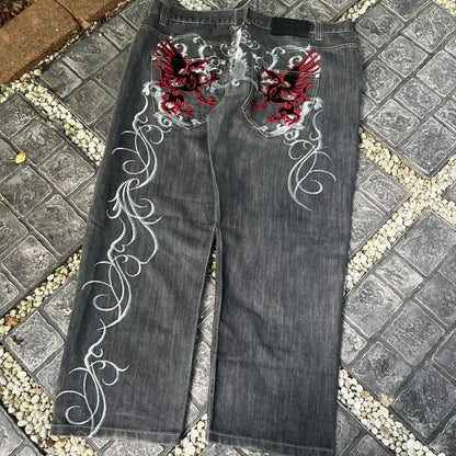 Streetwear Y2K Gothic Denim Trousers Harajuku Punk Dinosaur Embroidery Washed Jeans Hip Hop Wide Leg Oversized Jeans Mens Womens