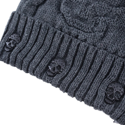 Winter Beanies Men Knitted Skull Pattern Solid Color Hat With Metal Skulls Skullies Beanies Men's Knit Thick Hats Add Velvet