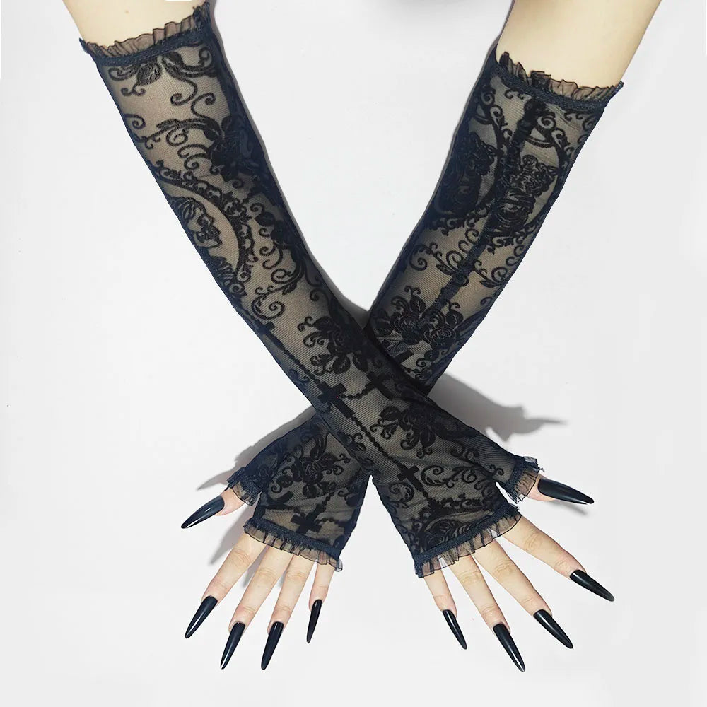 Cute Girls Summer Sunscreen Lace Arm Sleeve Women Long Mesh Yarn Arm Cover Sun UV Protection Fingerless Arm Cuffs Driving Gloves