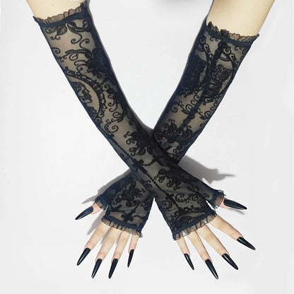 Cute Girls Summer Sunscreen Lace Arm Sleeve Women Long Mesh Yarn Arm Cover Sun UV Protection Fingerless Arm Cuffs Driving Gloves