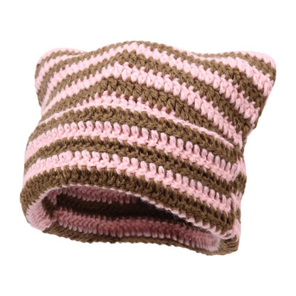 Cute Cat Ears Beanie Hats for Women Winter Striped Korean Punk Gothic Y2K Wool Knitted Streetwear Handmade Crochet Bucket Cap