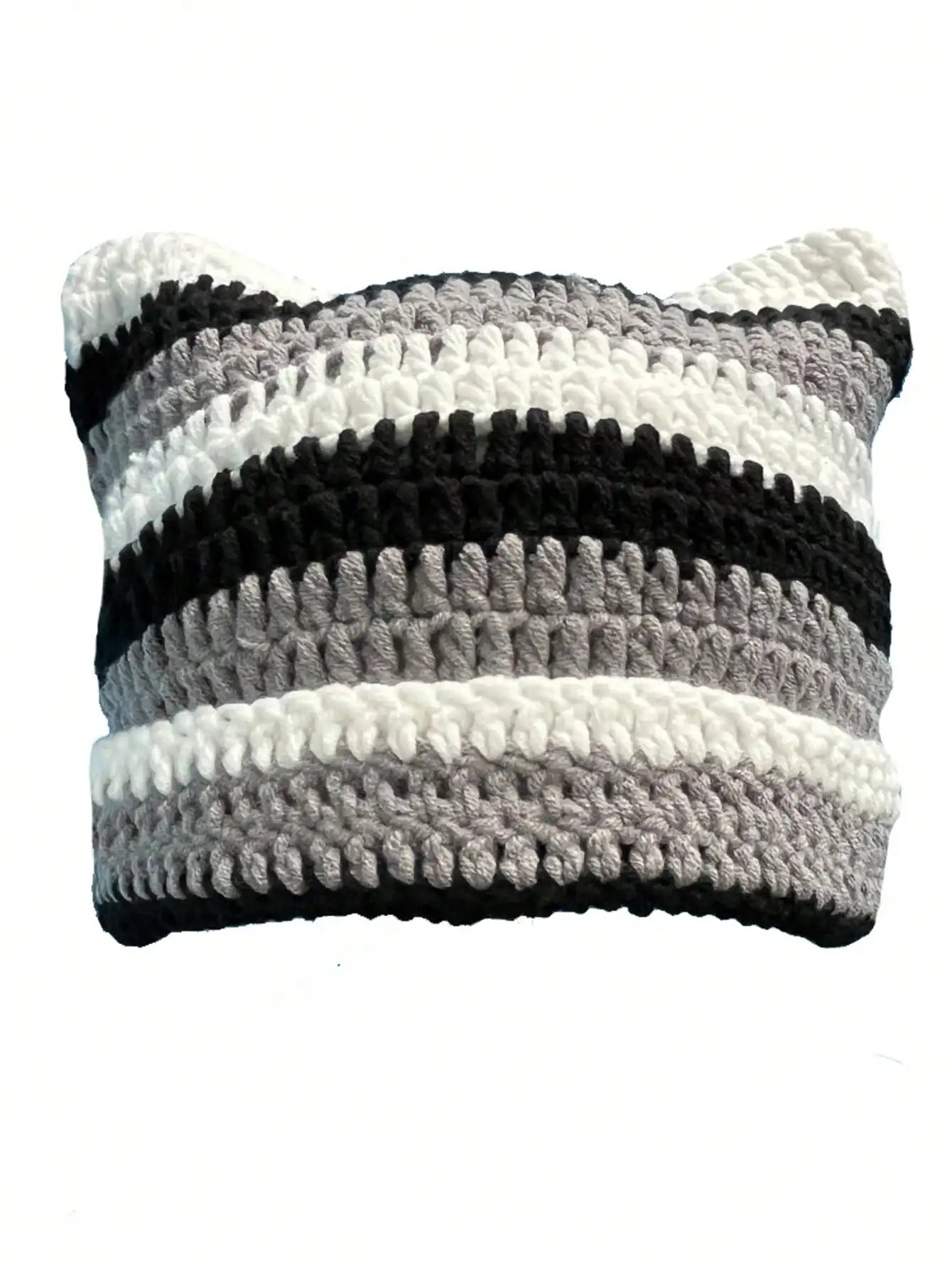 Cute Cat Ears Beanie Hats for Women Winter Striped Korean Punk Gothic Y2K Wool Knitted Streetwear Handmade Crochet Bucket Cap