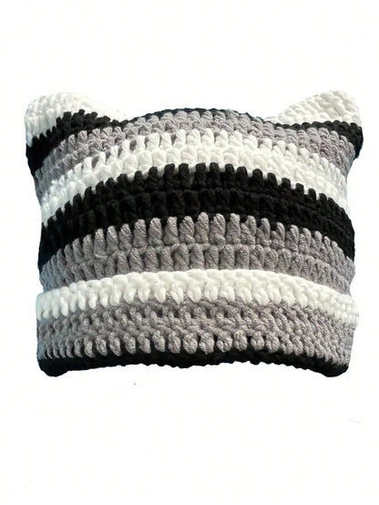 Cute Cat Ears Beanie Hats for Women Winter Striped Korean Punk Gothic Y2K Wool Knitted Streetwear Handmade Crochet Bucket Cap