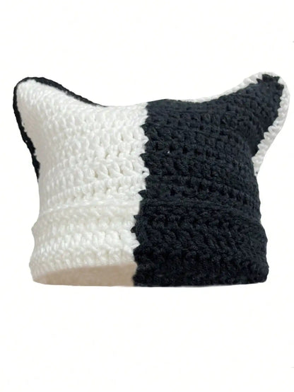 Cute Cat Ears Beanie Hats for Women Winter Striped Korean Punk Gothic Y2K Wool Knitted Streetwear Handmade Crochet Bucket Cap