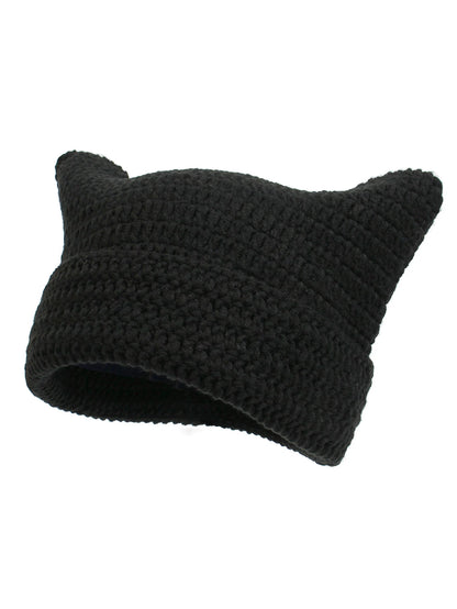 Cute Cat Ears Beanie Hats for Women Winter Striped Korean Punk Gothic Y2K Wool Knitted Streetwear Handmade Crochet Bucket Cap