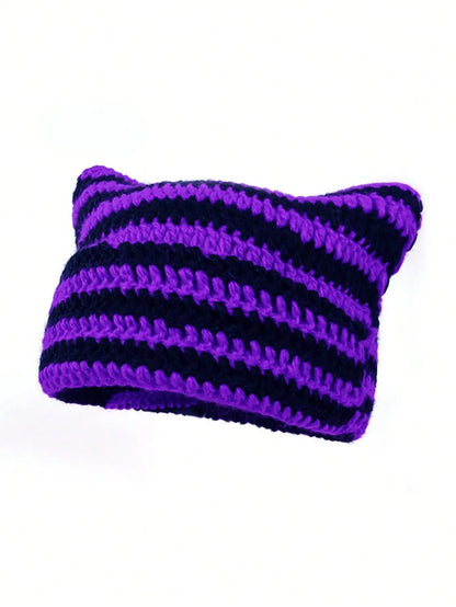 Cute Cat Ears Beanie Hats for Women Winter Striped Korean Punk Gothic Y2K Wool Knitted Streetwear Handmade Crochet Bucket Cap