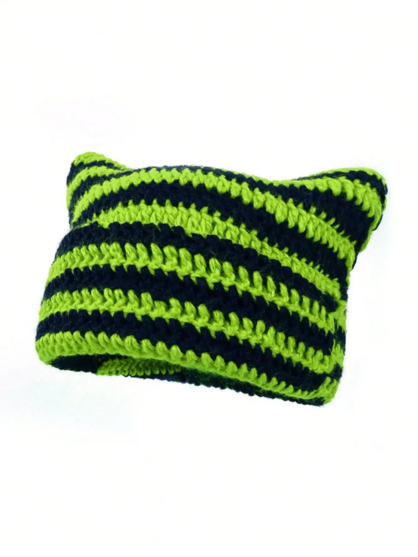 Cute Cat Ears Beanie Hats for Women Winter Striped Korean Punk Gothic Y2K Wool Knitted Streetwear Handmade Crochet Bucket Cap