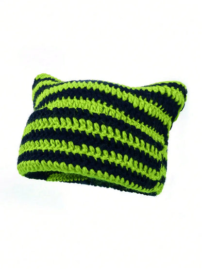 Cute Cat Ears Beanie Hats for Women Winter Striped Korean Punk Gothic Y2K Wool Knitted Streetwear Handmade Crochet Bucket Cap
