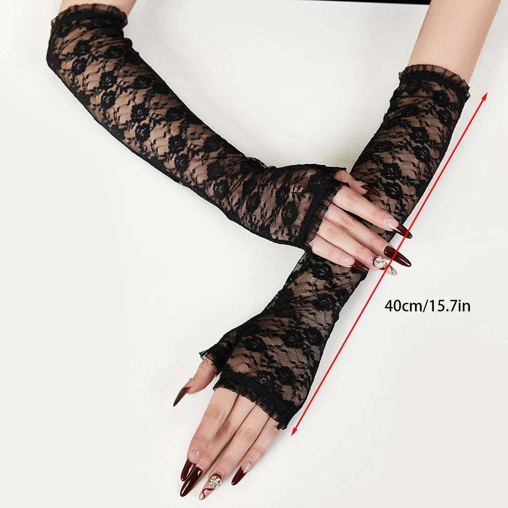 Cute Girls Summer Sunscreen Lace Arm Sleeve Women Long Mesh Yarn Arm Cover Sun UV Protection Fingerless Arm Cuffs Driving Gloves