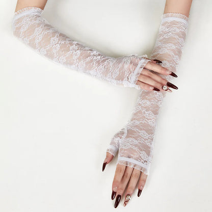 Cute Girls Summer Sunscreen Lace Arm Sleeve Women Long Mesh Yarn Arm Cover Sun UV Protection Fingerless Arm Cuffs Driving Gloves