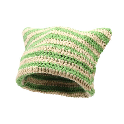 Cute Cat Ears Beanie Hats for Women Winter Striped Korean Punk Gothic Y2K Wool Knitted Streetwear Handmade Crochet Bucket Cap