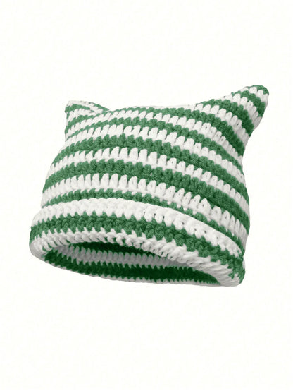 Cute Cat Ears Beanie Hats for Women Winter Striped Korean Punk Gothic Y2K Wool Knitted Streetwear Handmade Crochet Bucket Cap