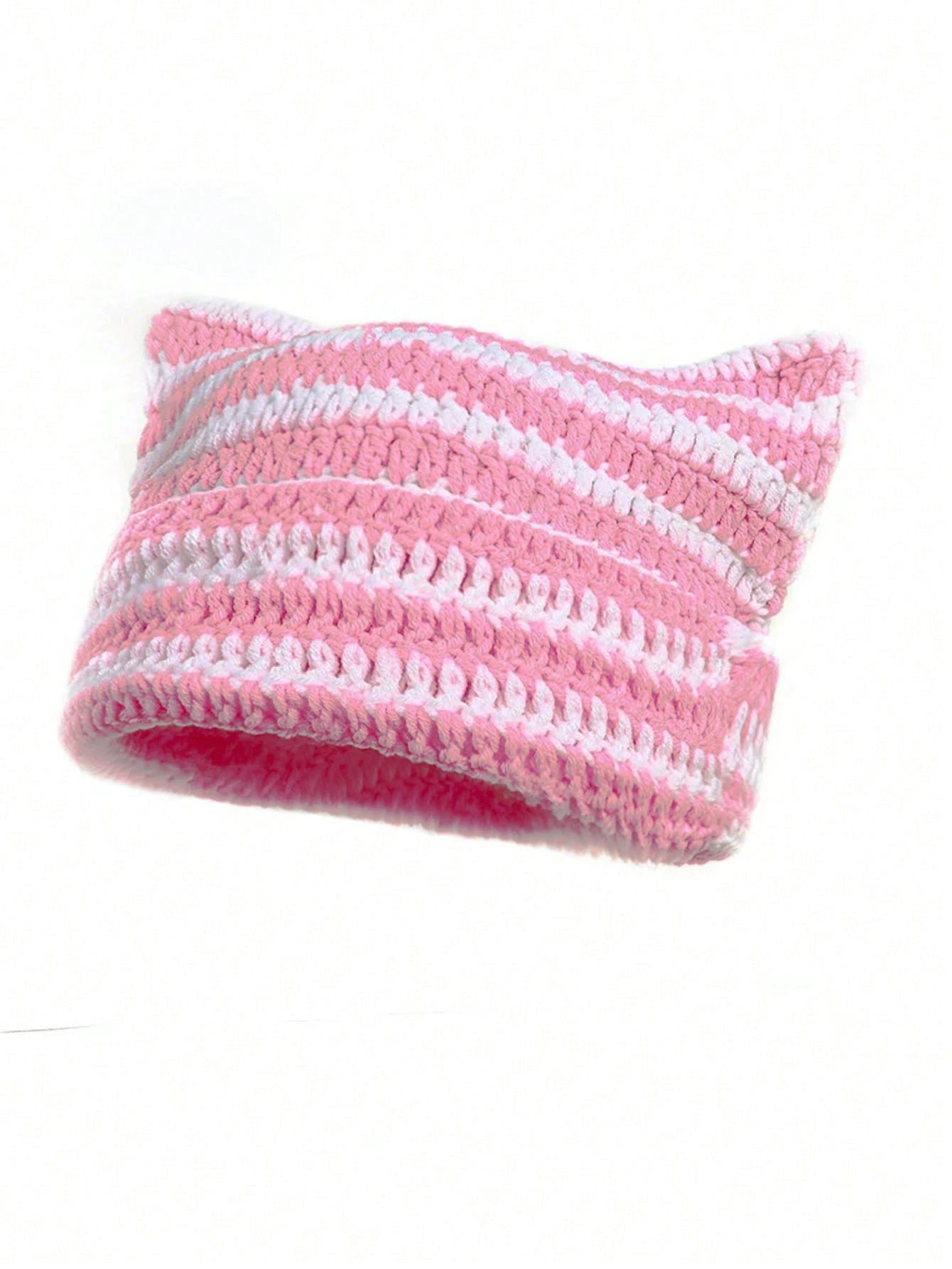 Cute Cat Ears Beanie Hats for Women Winter Striped Korean Punk Gothic Y2K Wool Knitted Streetwear Handmade Crochet Bucket Cap