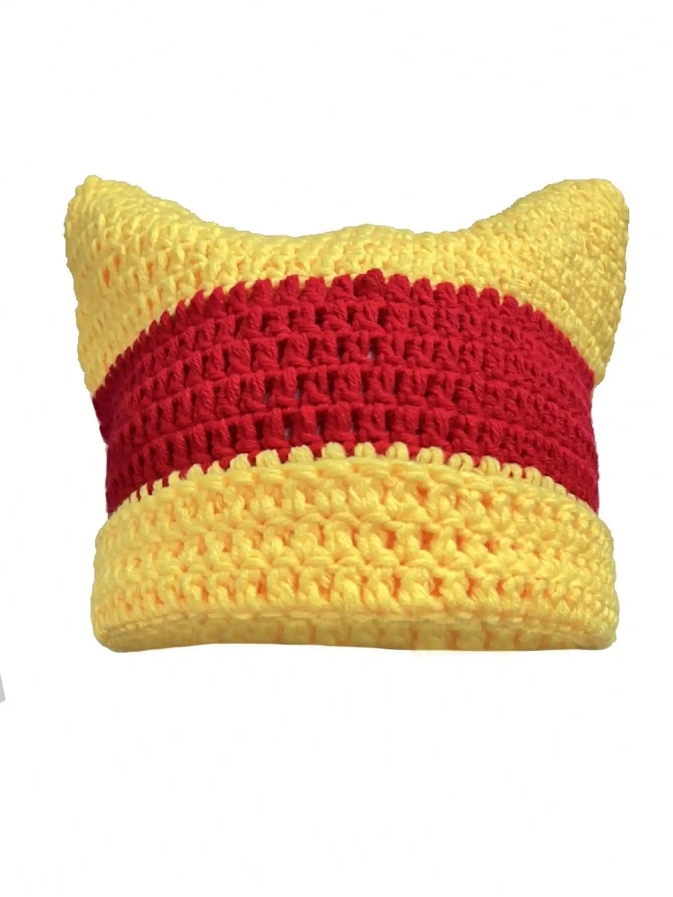 Cute Cat Ears Beanie Hats for Women Winter Striped Korean Punk Gothic Y2K Wool Knitted Streetwear Handmade Crochet Bucket Cap