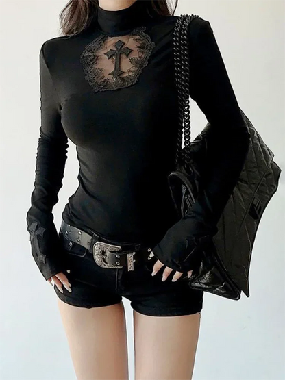 Turtleneck Top Y2k Clothes Black Gothic Cross Hollow Slimming Bottom T Shirt for Women Long Sleeve Sexy T-shirt Girls Tops