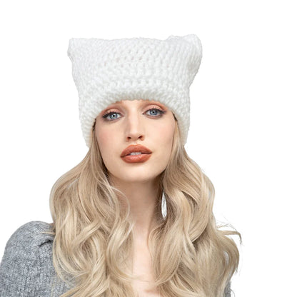Cute Cat Ears Beanie Hats for Women Winter Striped Korean Punk Gothic Y2K Wool Knitted Streetwear Handmade Crochet Bucket Cap