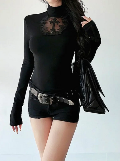 Turtleneck Top Y2k Clothes Black Gothic Cross Hollow Slimming Bottom T Shirt for Women Long Sleeve Sexy T-shirt Girls Tops