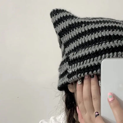 Cute Cat Ears Beanie Hats for Women Winter Striped Korean Punk Gothic Y2K Wool Knitted Streetwear Handmade Crochet Bucket Cap