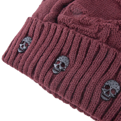 Winter Beanies Men Knitted Skull Pattern Solid Color Hat With Metal Skulls Skullies Beanies Men's Knit Thick Hats Add Velvet