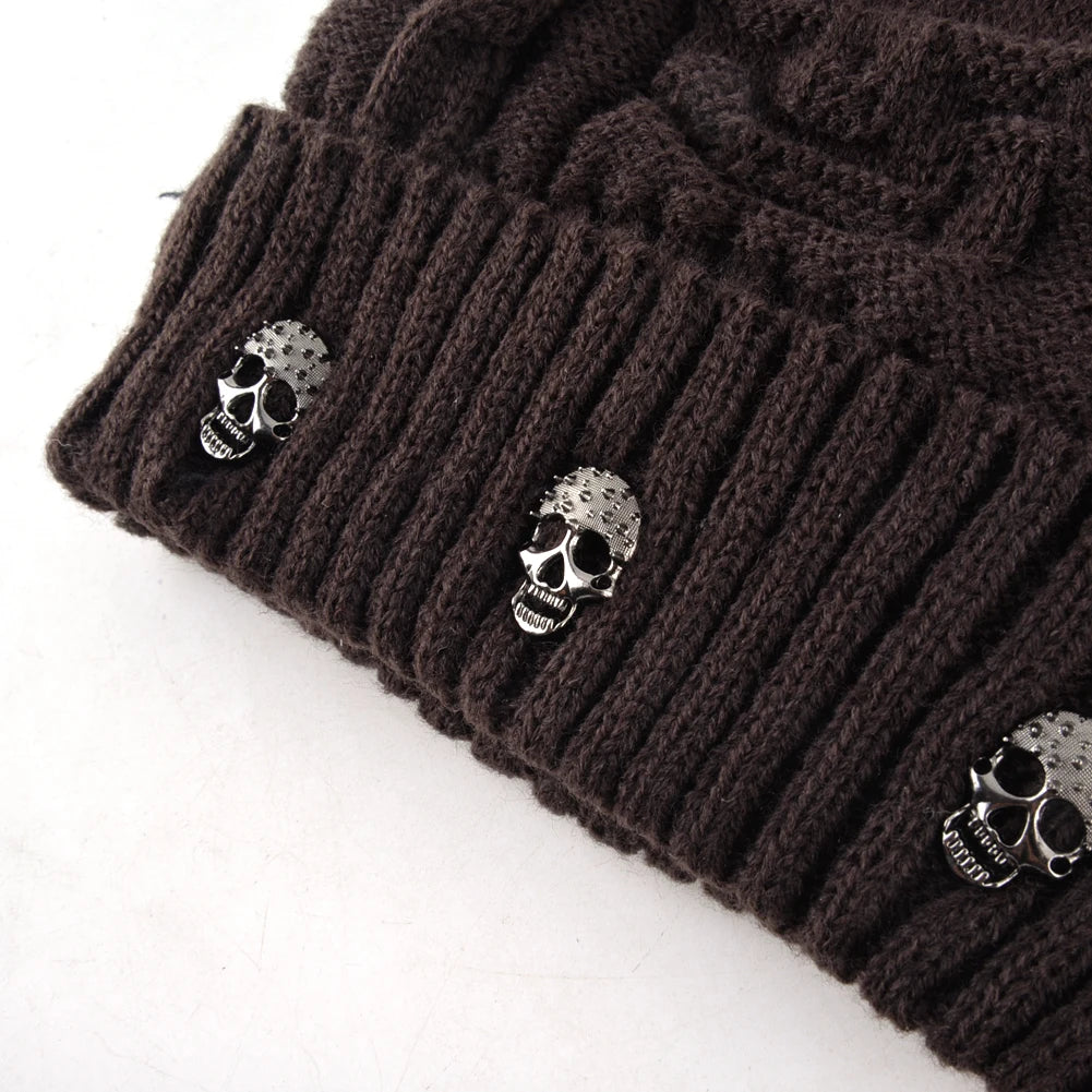Winter Beanies Men Knitted Skull Pattern Solid Color Hat With Metal Skulls Skullies Beanies Men's Knit Thick Hats Add Velvet