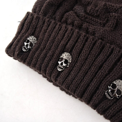Winter Beanies Men Knitted Skull Pattern Solid Color Hat With Metal Skulls Skullies Beanies Men's Knit Thick Hats Add Velvet