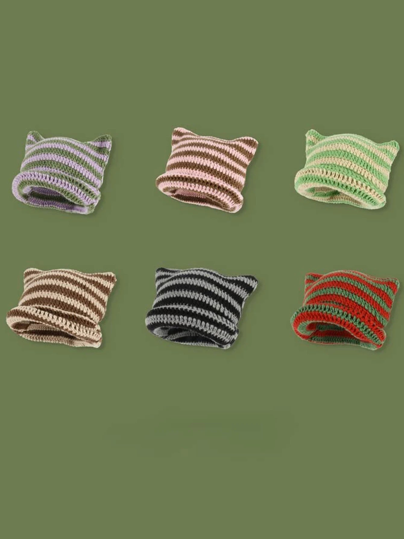 Cute Cat Ears Beanie Hats for Women Winter Striped Korean Punk Gothic Y2K Wool Knitted Streetwear Handmade Crochet Bucket Cap