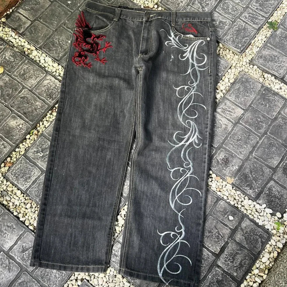 Streetwear Y2K Gothic Denim Trousers Harajuku Punk Dinosaur Embroidery Washed Jeans Hip Hop Wide Leg Oversized Jeans Mens Womens