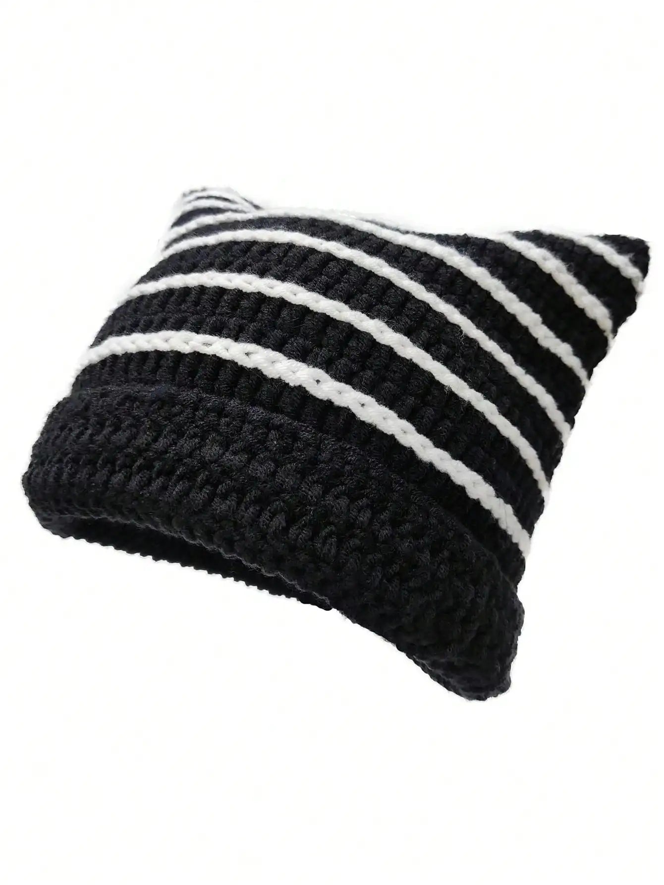 Cute Cat Ears Beanie Hats for Women Winter Striped Korean Punk Gothic Y2K Wool Knitted Streetwear Handmade Crochet Bucket Cap