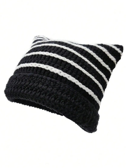 Cute Cat Ears Beanie Hats for Women Winter Striped Korean Punk Gothic Y2K Wool Knitted Streetwear Handmade Crochet Bucket Cap