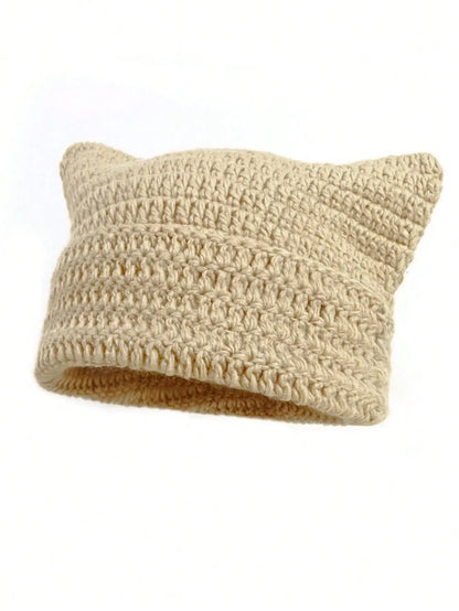 Cute Cat Ears Beanie Hats for Women Winter Striped Korean Punk Gothic Y2K Wool Knitted Streetwear Handmade Crochet Bucket Cap