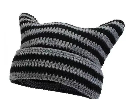 Cute Cat Ears Beanie Hats for Women Winter Striped Korean Punk Gothic Y2K Wool Knitted Streetwear Handmade Crochet Bucket Cap