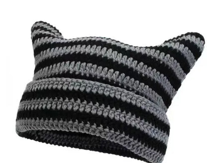 Cute Cat Ears Beanie Hats for Women Winter Striped Korean Punk Gothic Y2K Wool Knitted Streetwear Handmade Crochet Bucket Cap