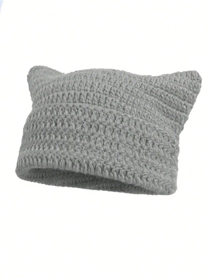 Cute Cat Ears Beanie Hats for Women Winter Striped Korean Punk Gothic Y2K Wool Knitted Streetwear Handmade Crochet Bucket Cap
