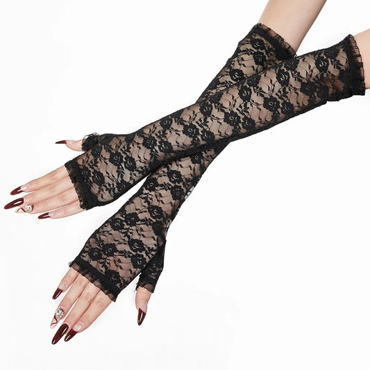 Cute Girls Summer Sunscreen Lace Arm Sleeve Women Long Mesh Yarn Arm Cover Sun UV Protection Fingerless Arm Cuffs Driving Gloves